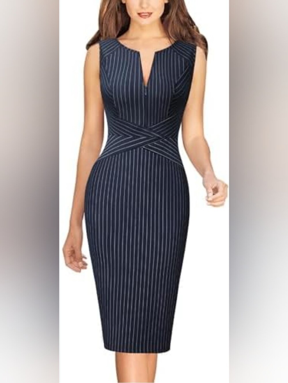 VFSHOW Pinstripe Sleeveless Crossover Sheath Dress Navy Blue